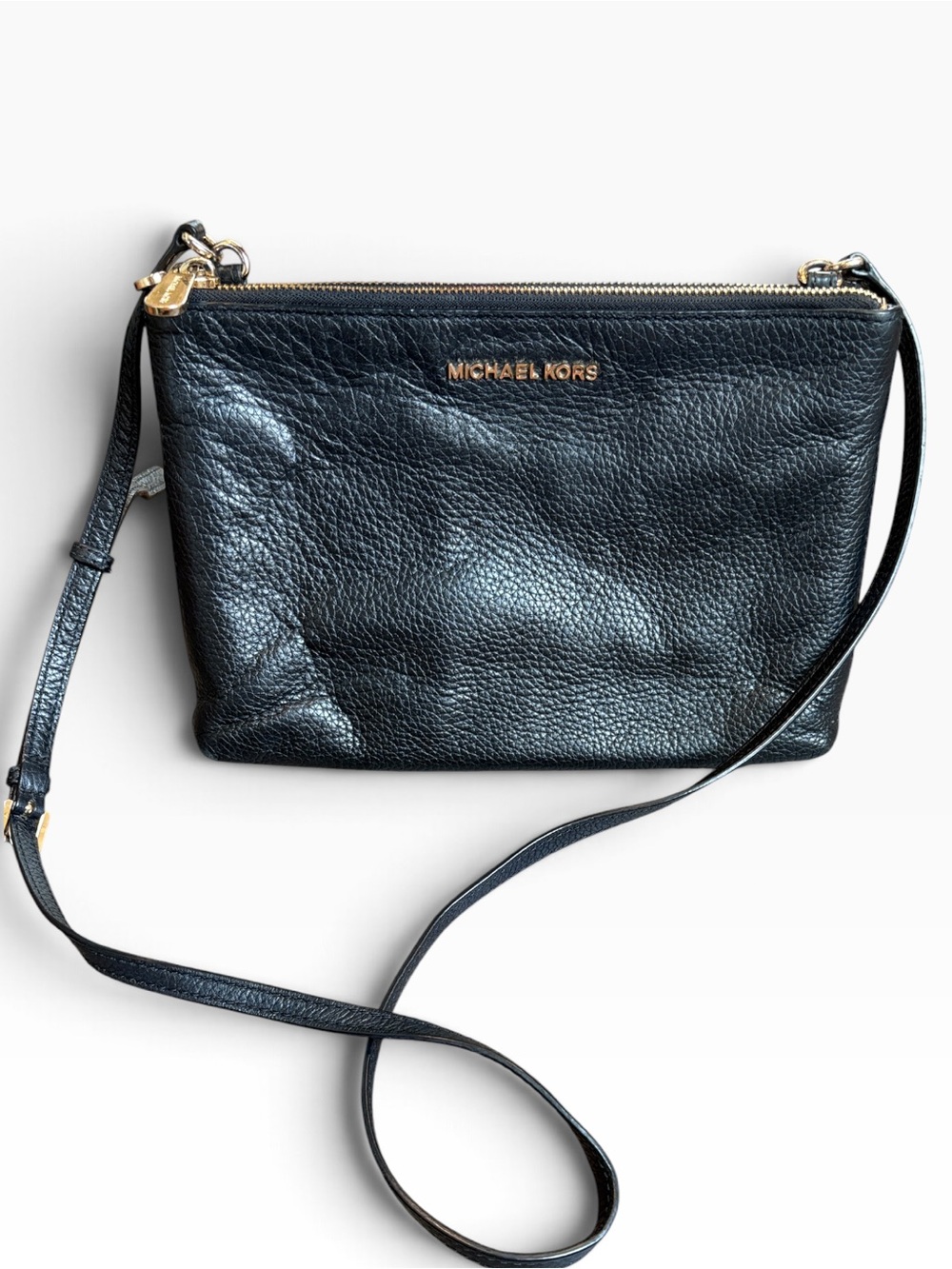 Michael Kors Black Pebbled Leather Crossbody Bag Gold Hardware